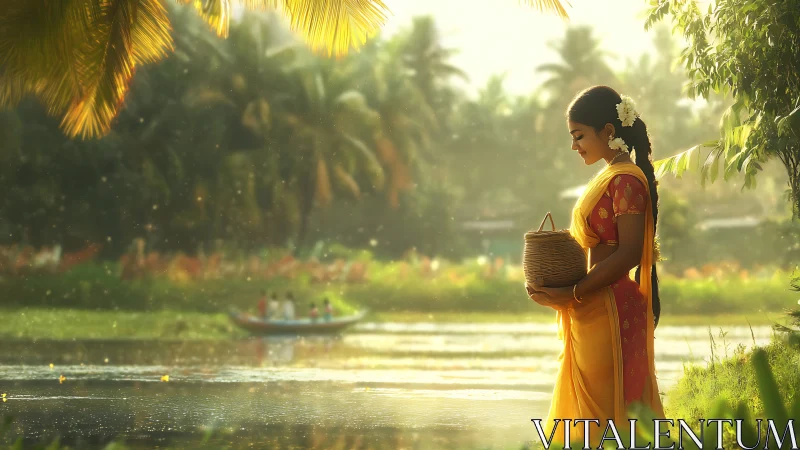 Woman in yellow saree by tropical riverside at sunset.
