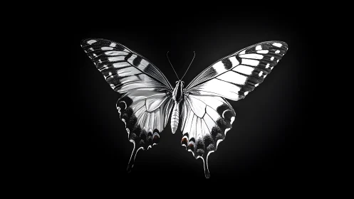Monochrome butterfly glows like silver ink on midnight air.