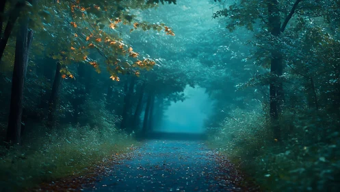 Forest pathway with teal lighting and golden canopy foliage.