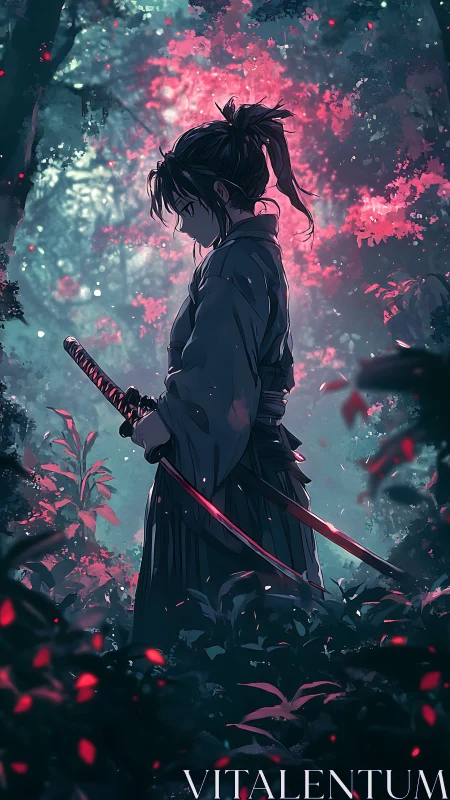 Solitary samurai stands poised in twilight forest clearing
