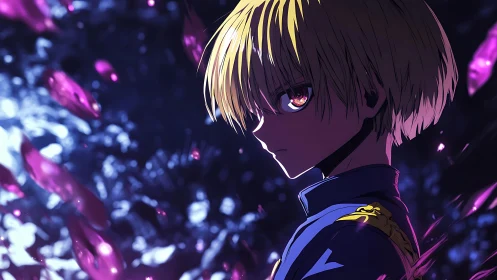 Brooding blond anime warrior amid glowing violet shards.