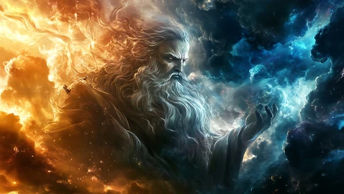 Celestial deity shaping cosmos amid fire and storm clouds.