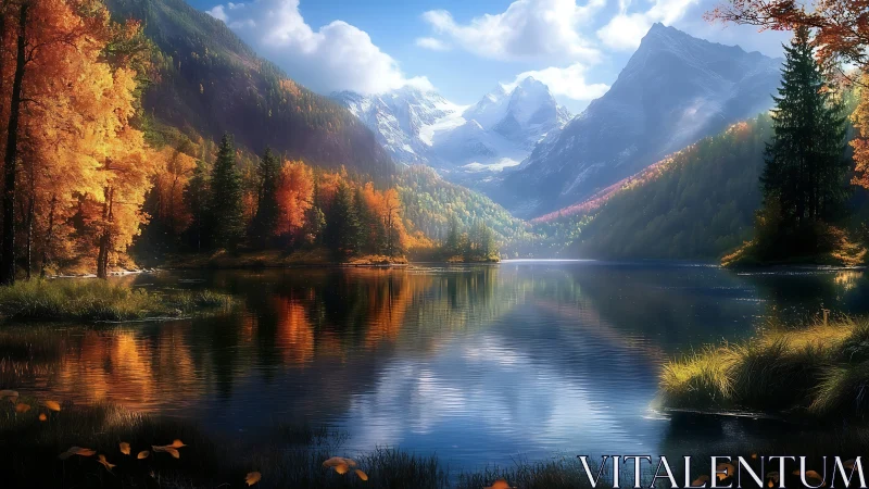 Autumn mountains reflect in a tranquil alpine lake at sunrise.