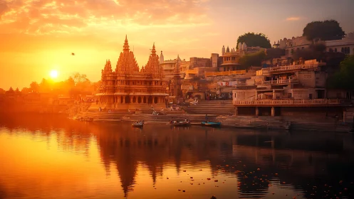 Sunlit riverside temple complex mirrored in warm reflections.