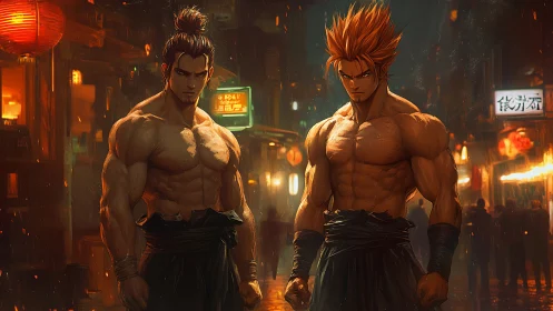 Fierce street warriors standing strong in glowing night market.