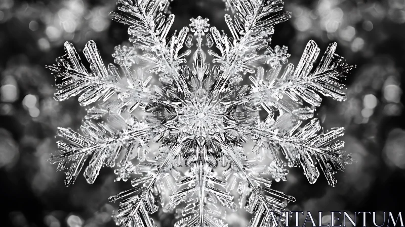 Single snowflake captured in sharp monochrome macro view