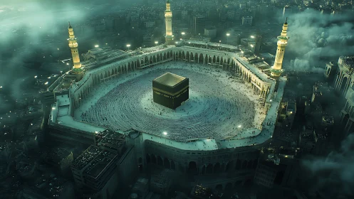 Nocturnal aerial view of illuminated central courtyard complex