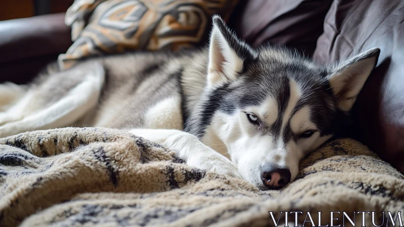Sofa-hogging husky dreaming in a fortress of fuzzy blankets.
