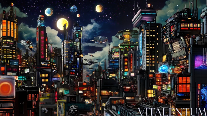 Neon sci fi megacity glows under crowded planetary night sky