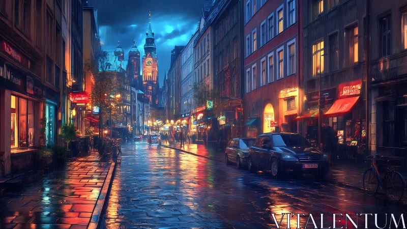 Glistening city street glows with neon lights after rainfall