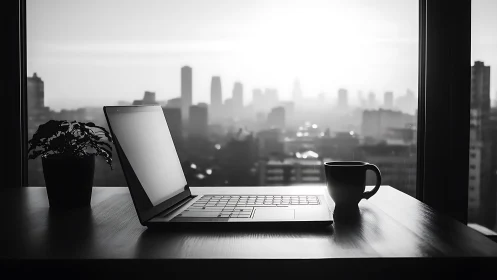 Monochrome laptop workspace against diffused urban skyline.