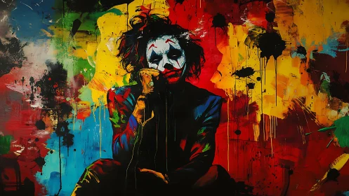 Brooding clown drips through a storm of unruly color fields.