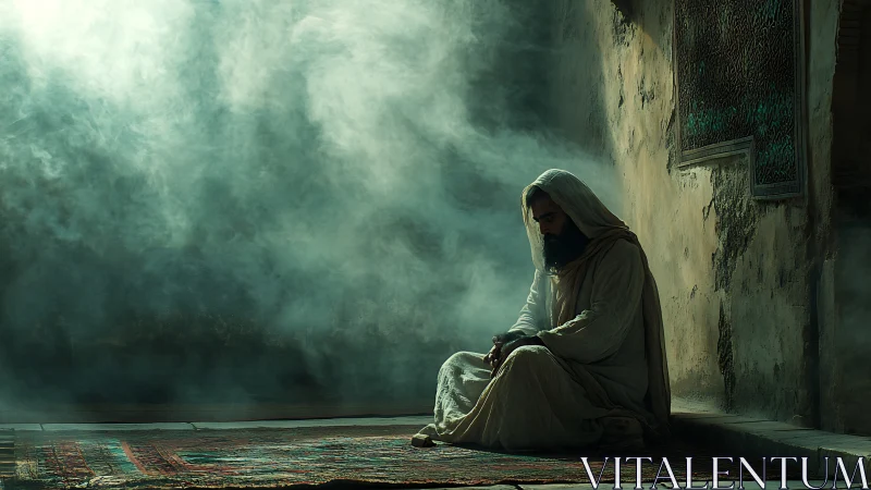 Hooded figure seated on rug amid dense atmospheric smoke.