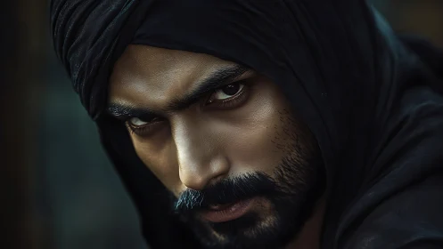 Intense hooded gaze meets the viewer with bold, quiet strength