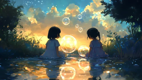 Backlit child figures observe luminous bubbles at reflective pond