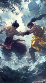 Martial artists engaged in combat in turbulent mountain river.