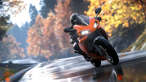 Sport motorcycle on wet autumn road in dynamic lean.