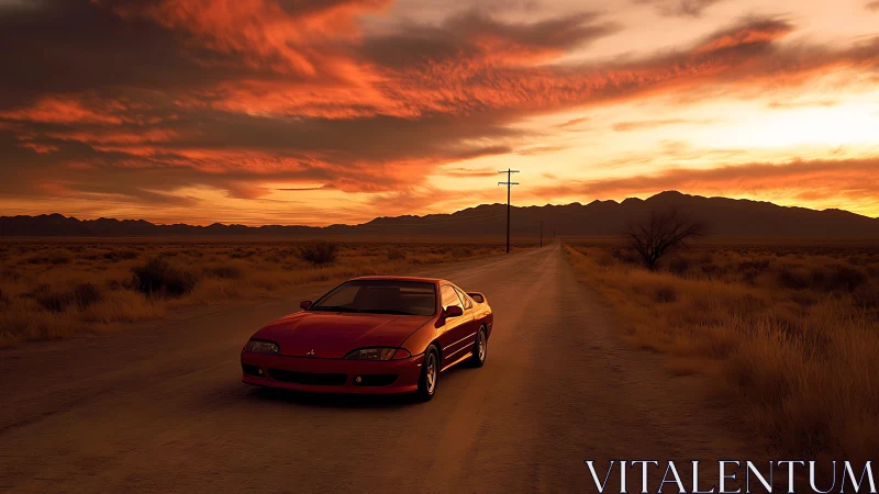 Red coupe on rural dirt road under dense sunset sky.