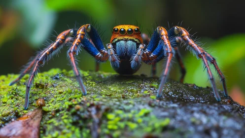 Macro close-up captures iridescent jumping spider with raised forelegs