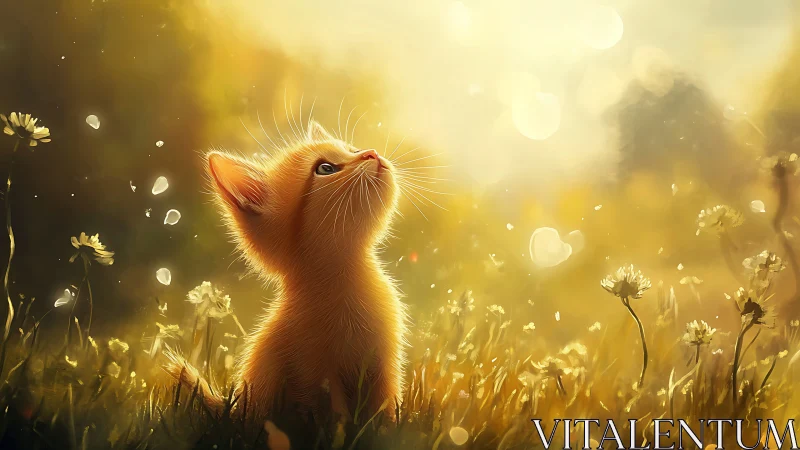 Sunlit kitten daydreams in a golden wildflower meadow.