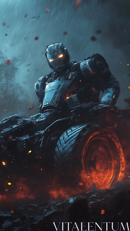 Armored mech rider dominates rain-soaked battlefield inferno