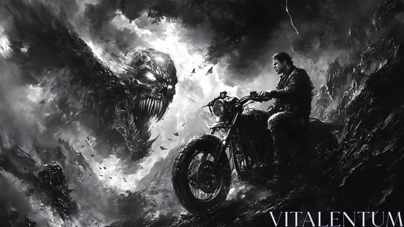 Motorcyclist confronted by large shadow-creature form.