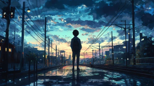 Silhouetted student on wet railway tracks at dusk period.