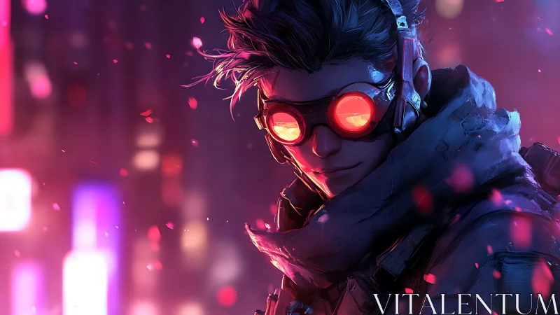Cyberpunk figure with red goggles in neon cityscape at night.