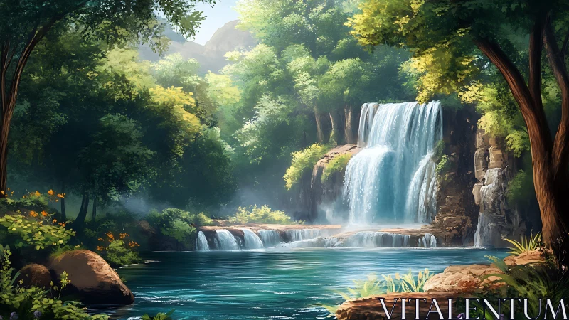 Emerald forest falls whisper over crystal-blue dreaming pool.
