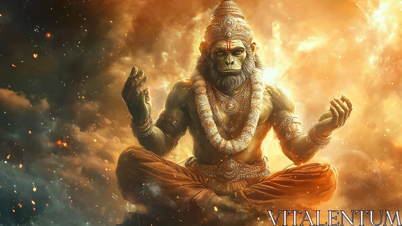 Simian-headed figure sits cross-legged amid luminous clouds