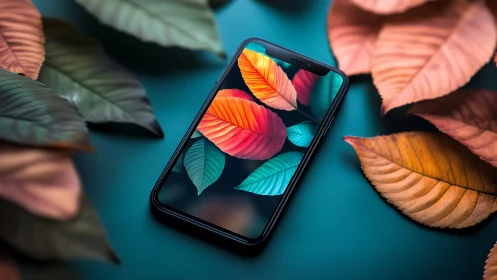 Vibrant autumn leaves reflected in sleek smartphone screen.