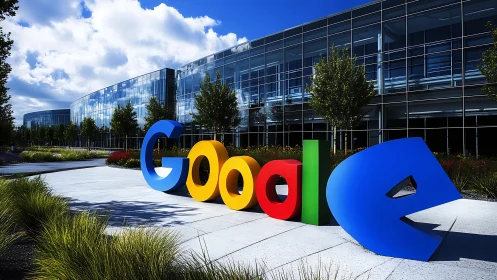 Google Headquarters Campus Sign with Modern Building.