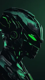 Futuristic black android profile with neon green accents.