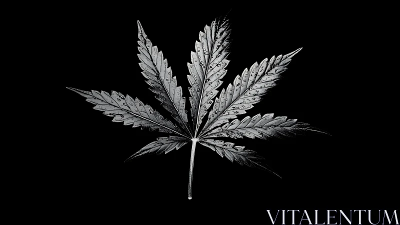 Silver cannabis leaf with water droplets on black ground