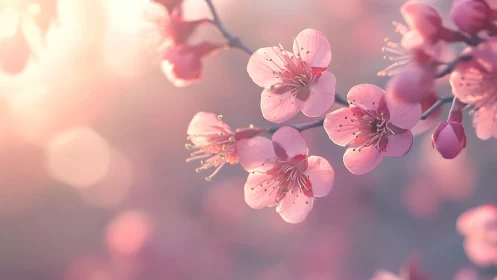 Soft pink cherry blossoms in dreamy spring backlight.