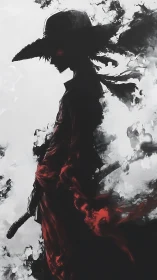 Mysterious swordsman in swirling smoke and crimson shadow.