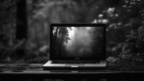 Monochrome laptop on wet wooden surface reflecting forest canopy