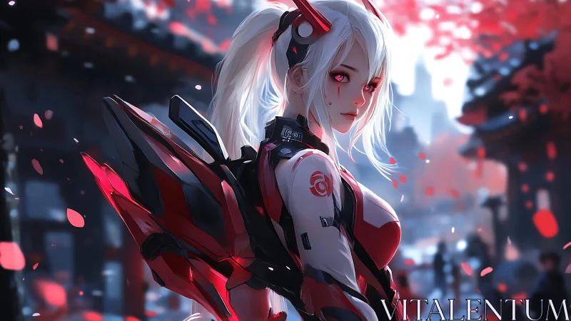 Cybernetic warrior girl under crimson petals in cityscape.