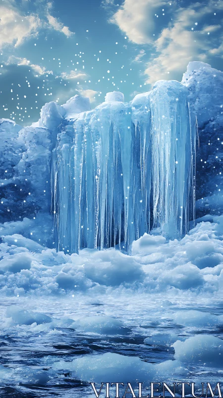 Frozen ice cliffs and falling snow over cold arctic sea.