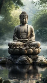 Stone Buddha statue rests over misty reflective water.