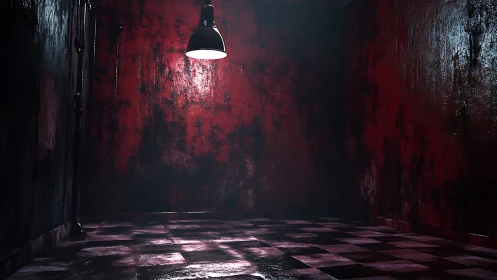 Cinematic 3D torture chamber interior with stark pendant lamp.