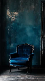 Deep blue velvet armchair against textured dark wall.