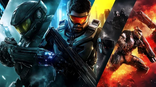 Armored sci fi soldiers hold rifles across three split panels