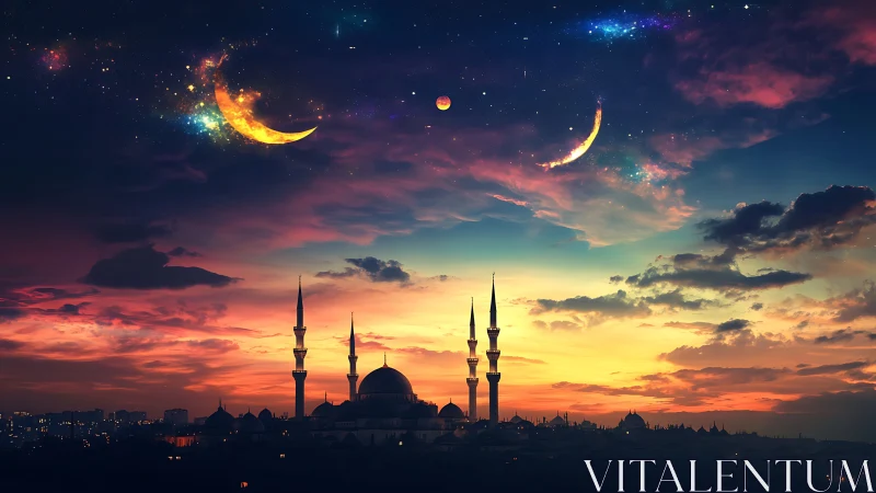 Astrophysical crescent sky over domed mosque silhouette at dusk.