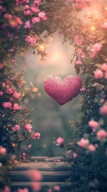 Suspended crystalline heart within pink floral archway composition.