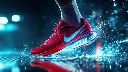 Cyberpunk athletic sneaker splash in dynamic low-key lighting.