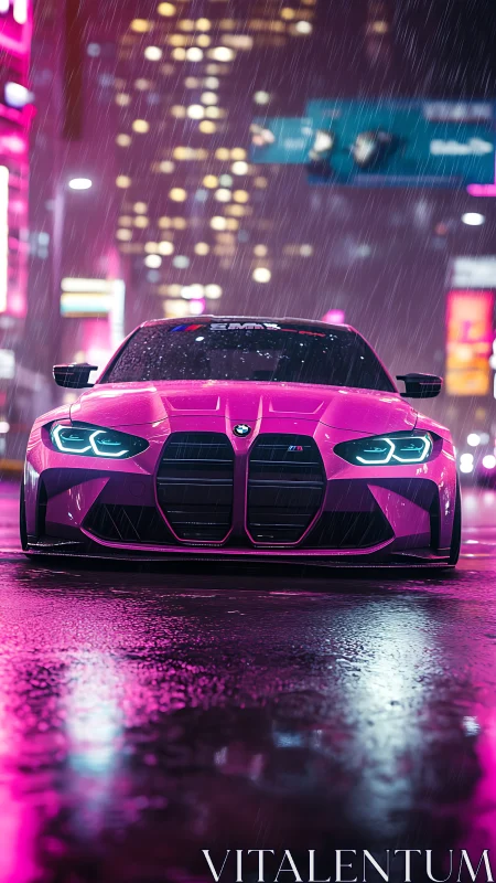 Pink sports sedan on wet neon city street at night period