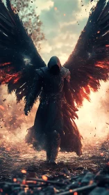 Winged hooded figure walks through burning debris field