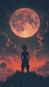 Lone anime hero gazing up at a glowing red moon.