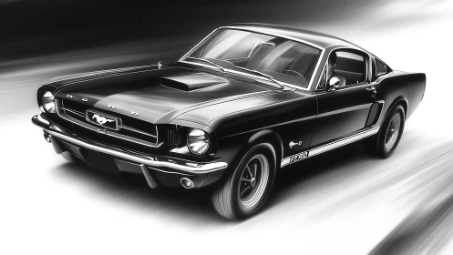 High contrast rendering of classic fastback muscle car in motion